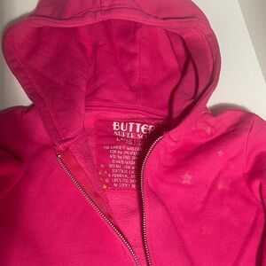Butter Hot Pink Hooded Zip-Up Sweatshirt with Sequin Lighting bolt & Stars.